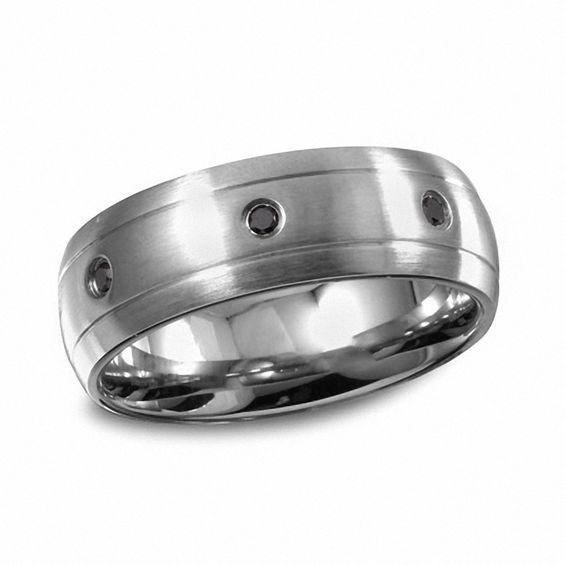 Men's 1/10 CT. T.w. Black Diamond Three Stone Wedding Band in Stainless Steel Product Image