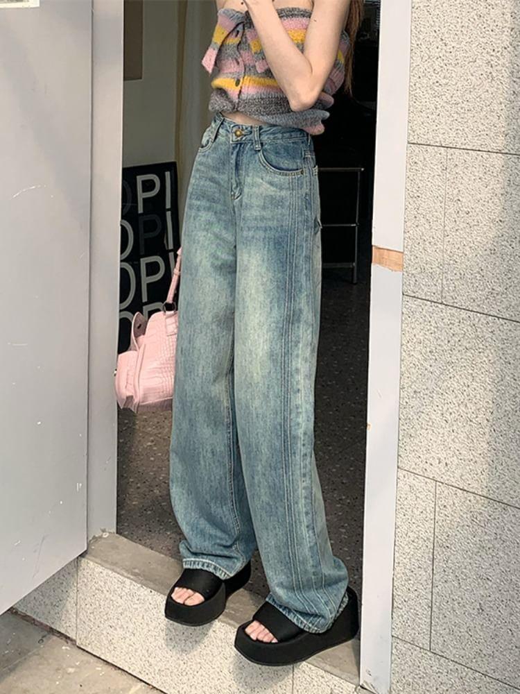 High Waist Washed Wide Leg Jeans Product Image