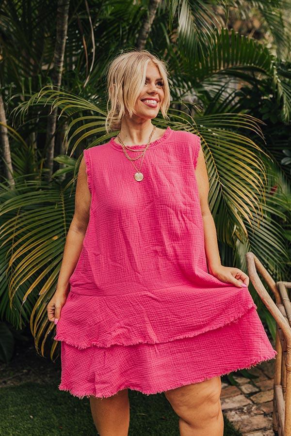 Spring Sunshine Frayed Dress in Hot Pink Curves Product Image