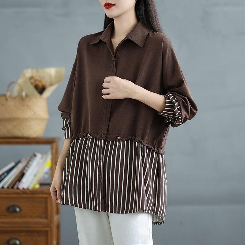 Long-Sleeve Striped Panel Drawstring Waist Button-Up Tunic Shirt Product Image