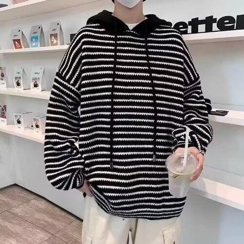 Striped Drawstring Knit Hoodie Product Image