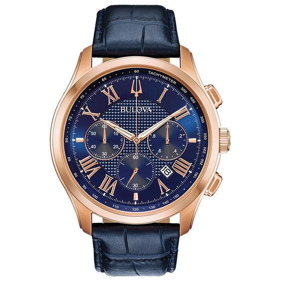 Men's Bulova Classic Chronograph Rose-Tone Strap Watch with Blue Dial (Model: 97B170) Product Image