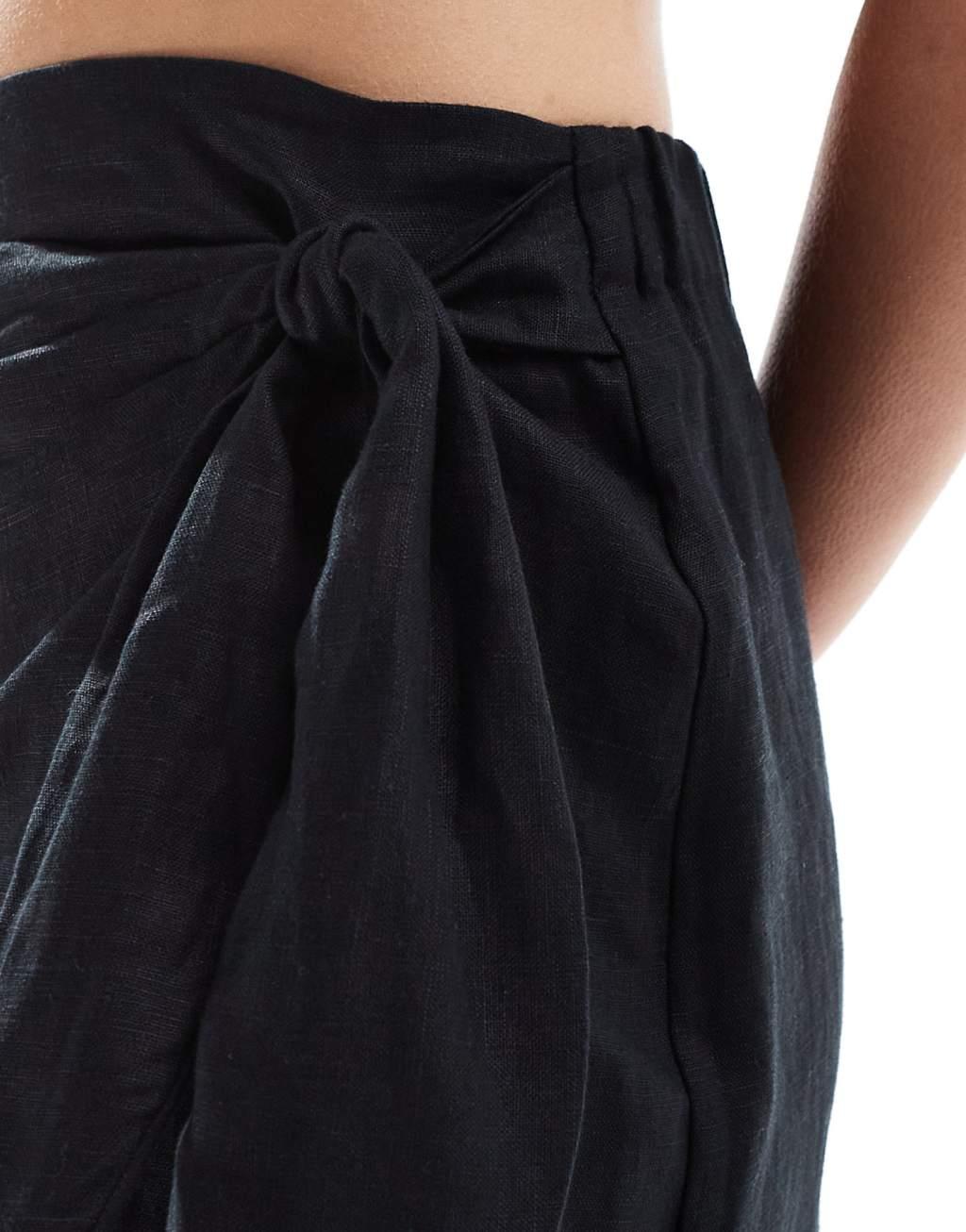 Mango wrap front linen skirt in black Product Image