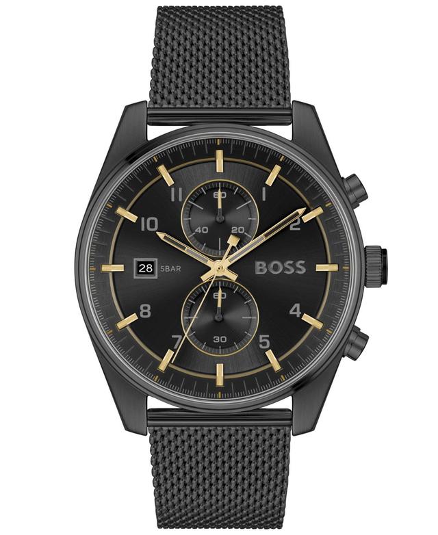 Hugo Boss Mens Skytraveller Quartz Fashion Chrono Ionic Plated Black Steel Watch 44mm - Ionic Plated Black Steel Product Image