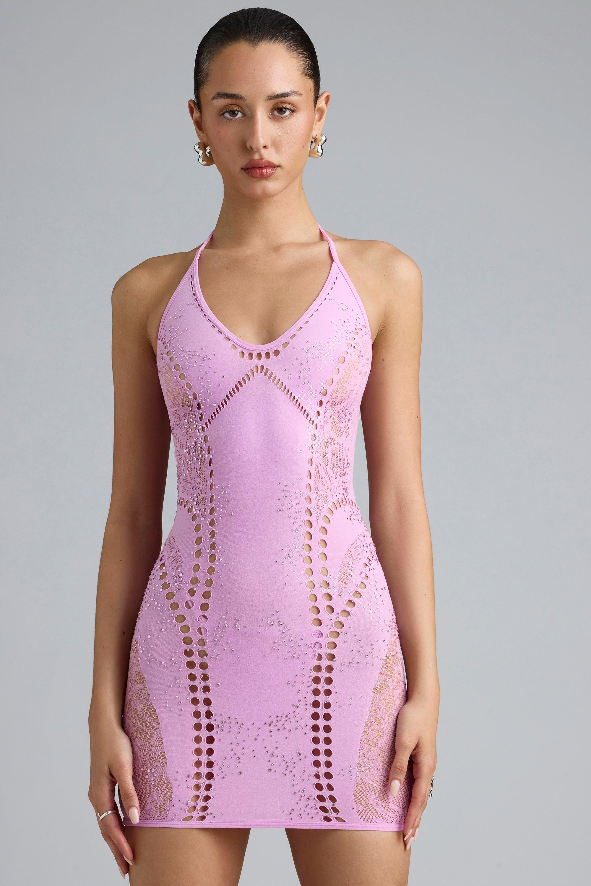 Embellished Halterneck Mini Dress in Violet Pink Product Image