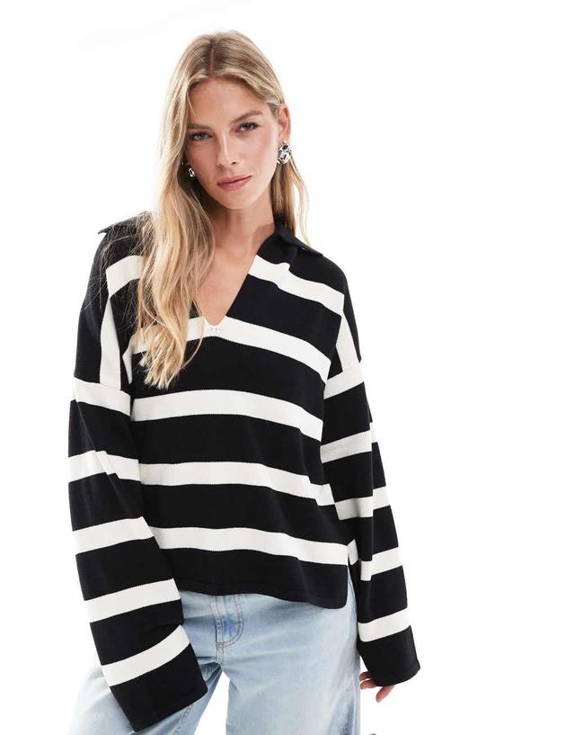 Bershka oversized polo sweater in black & white stripe Product Image