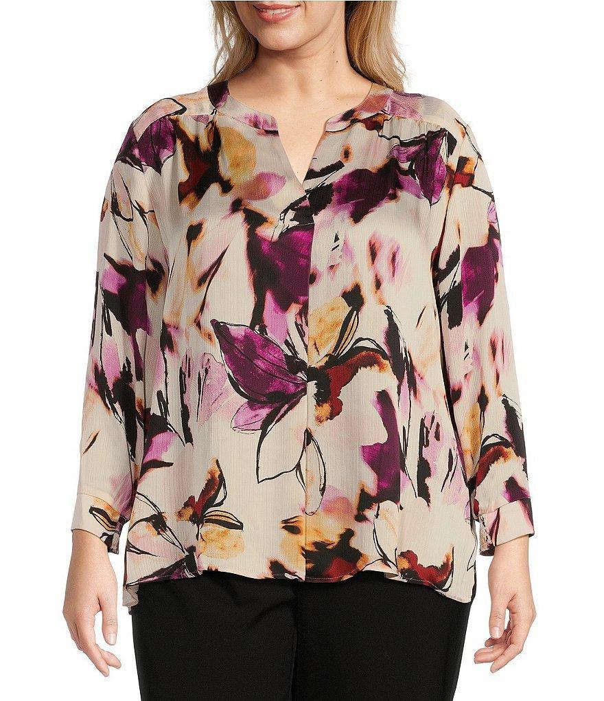 Investments Plus Size Gestural Petals Print Woven Inverted Pleat V-Neck 3/4 Sleeve Top Product Image