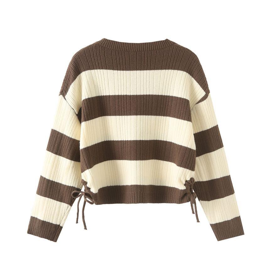 V-Neck Striped Drawstring Ribbed Sweater Product Image