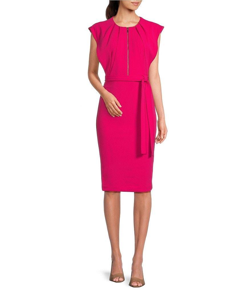 Calvin Klein Scuba Crepe Cap Sleeve Pleated Crew Neck Tie Waist Knee Length Dress Product Image