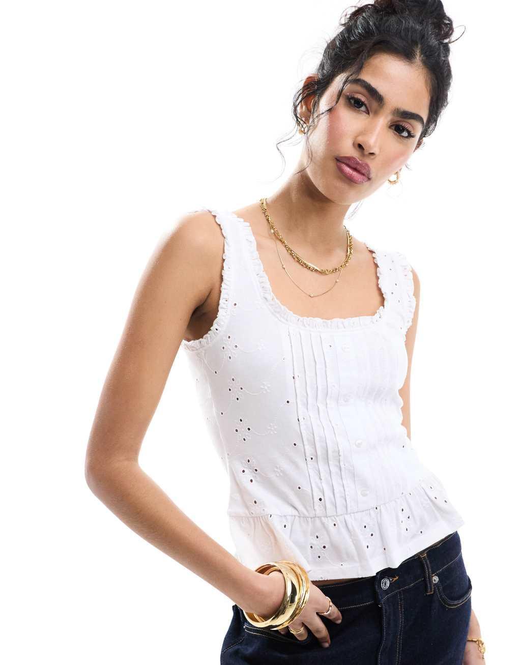 ASOS DESIGN broderie frill hem button down tank top in white Product Image