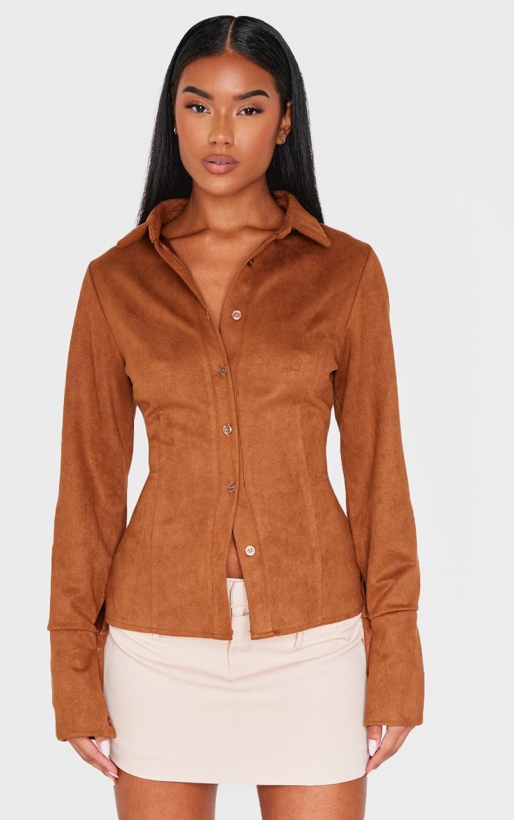 Tan Faux Suede Fitted Shirt Product Image