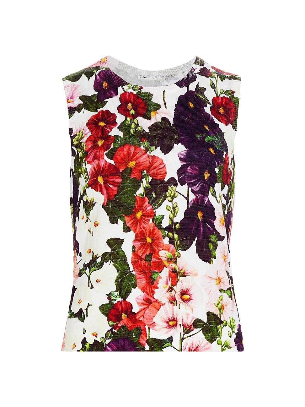 Oscar de la Renta Hollyhock Print Cotton Blend Sleeveless Sweater Product Image