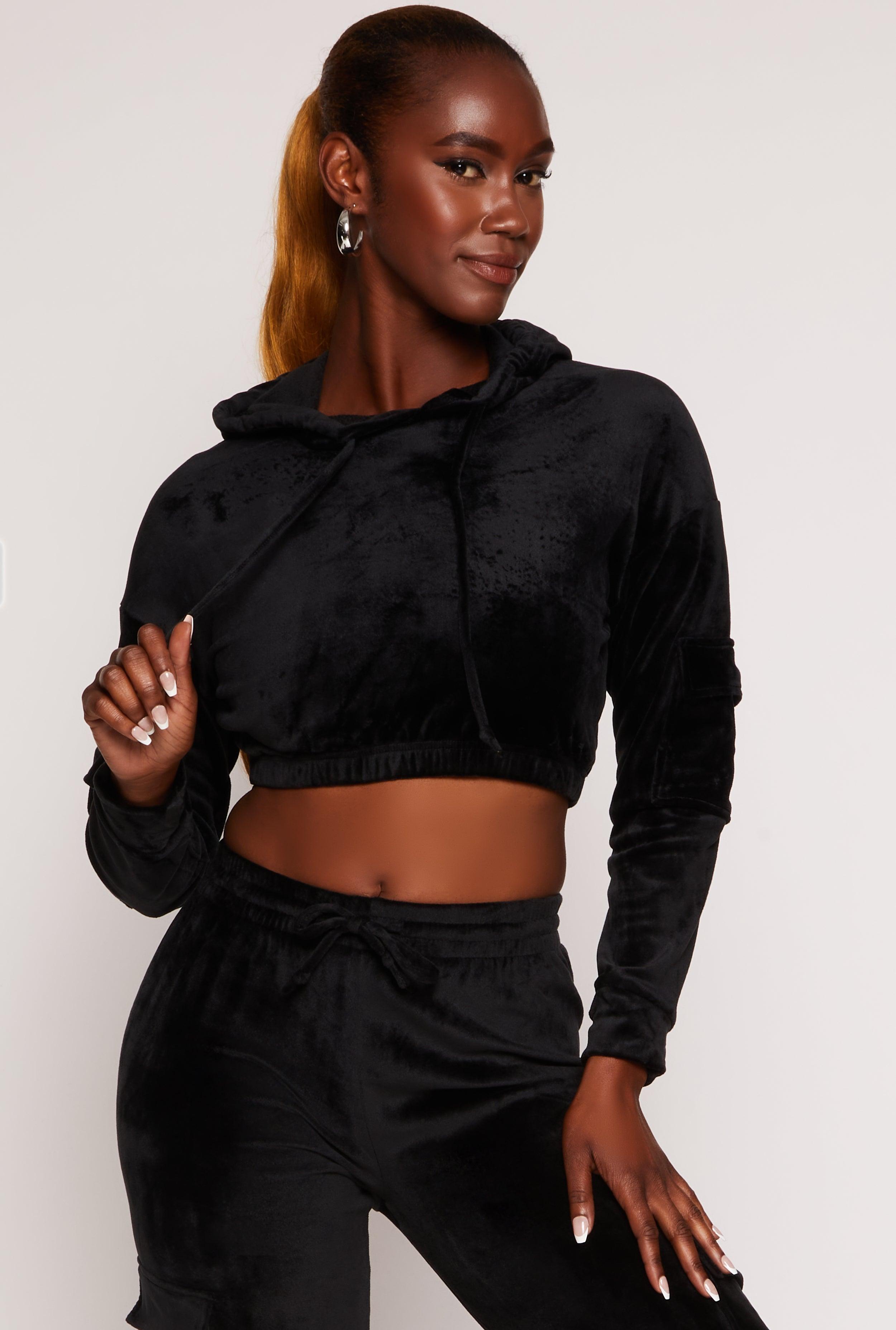 Womens Velour Cropped Pullover Hoodie Product Image