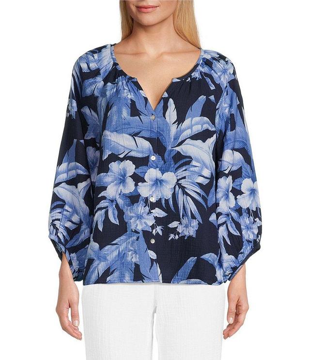 Tommy Bahama Split V Neck 3/4 Sleeve Island Floral Print Gauze Blouse Product Image