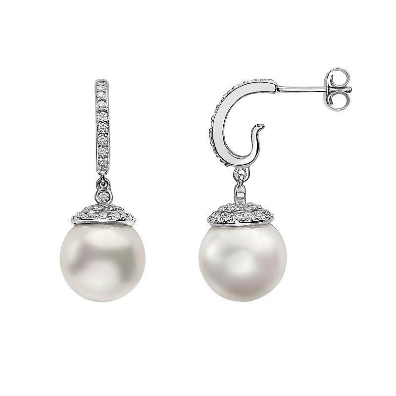 Sterling Silver Freshwater Cultured Pearl & Cubic Zirconia Round Drop Earrings, Womens Product Image