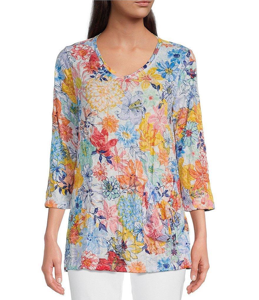 Ali Miles Floral Crinkle Burnout Knit V-Neck 3/4 Sleeve Tunic Product Image