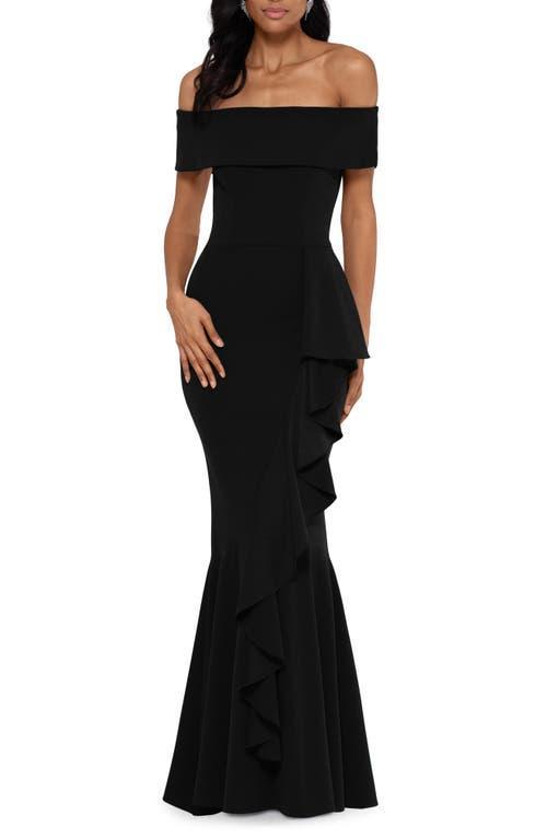 Betsy & Adam Cascade Ruffle Off the Shoulder Mermaid Gown Product Image