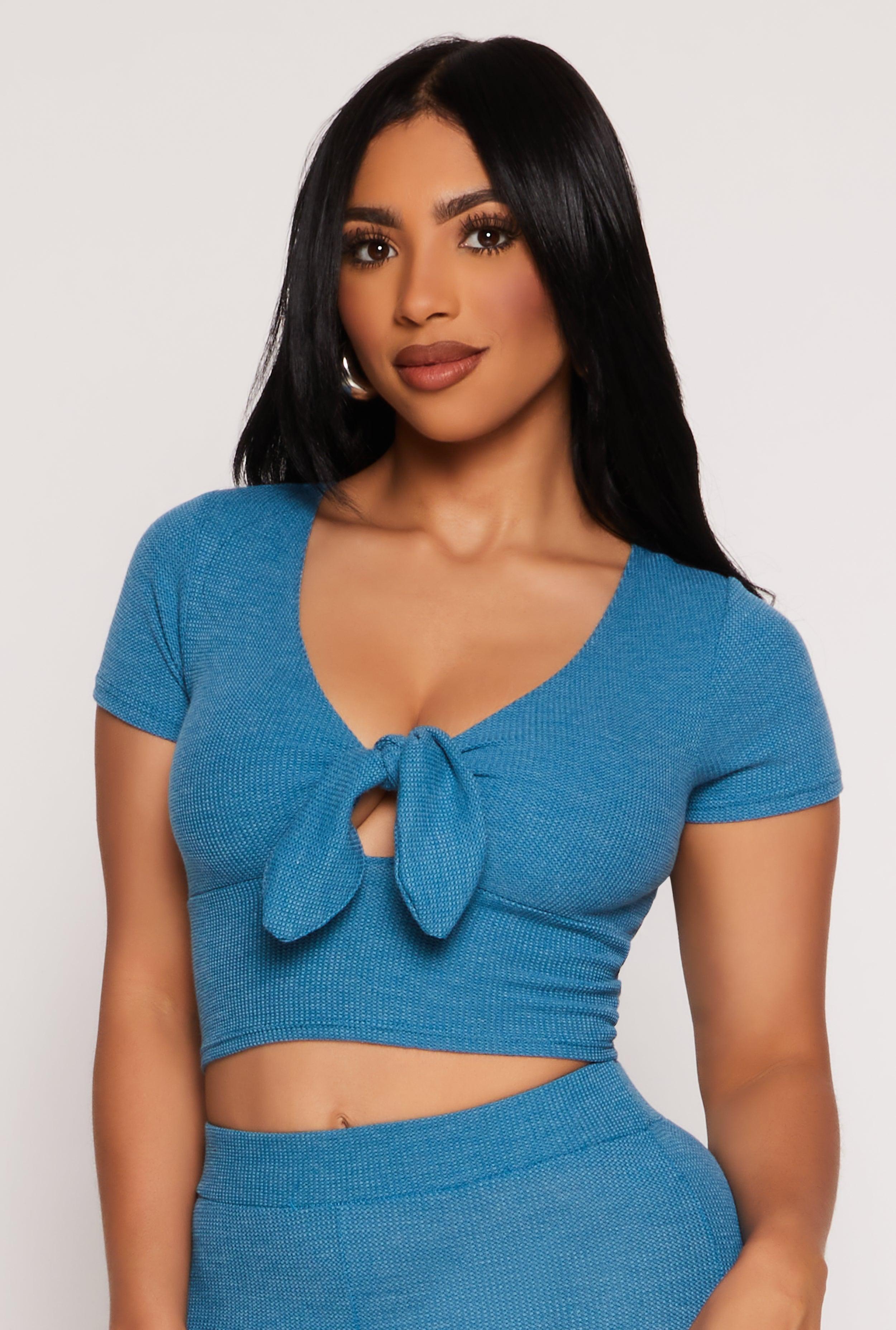 Womens Waffle Knit Tie Front Crop Top Product Image