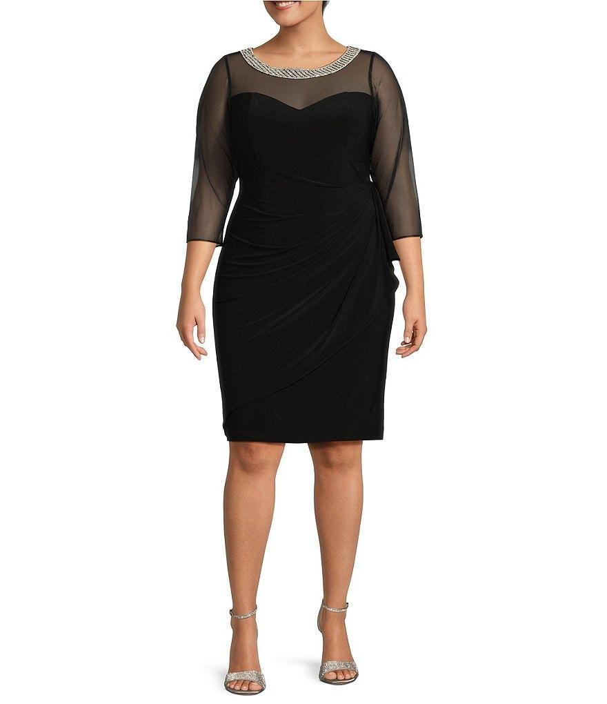 Alex Evenings Plus Size 3/4 Sleeve Embellished Sweetheart Illusion Neck Cascade Ruffle Skirt Sheath Dress Product Image