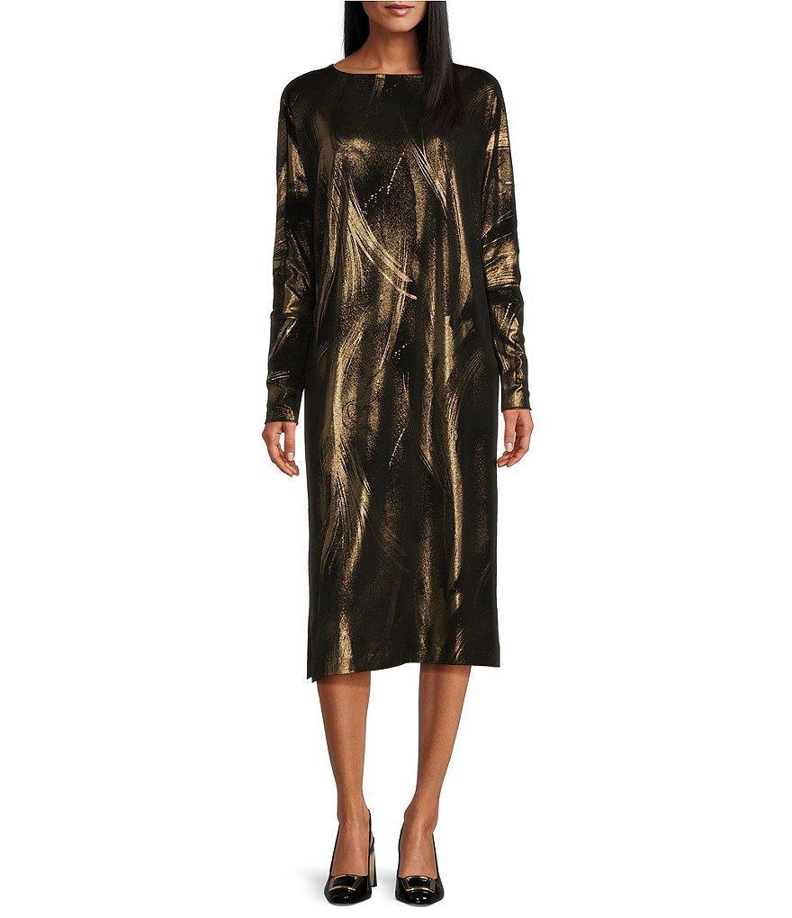 Eva Varro Gold Brush Foil Jersey Bateau Neck Long Sleeve Dress Product Image