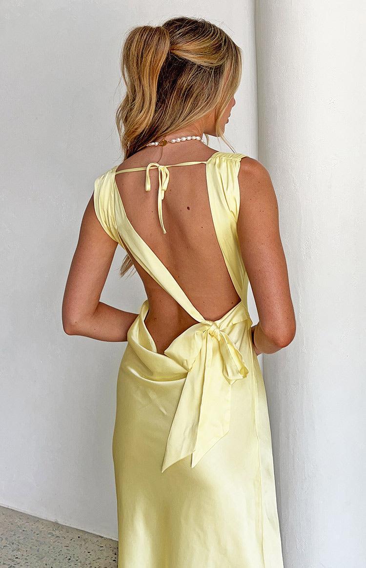 Laria Yellow Satin Formal Maxi Dress Product Image