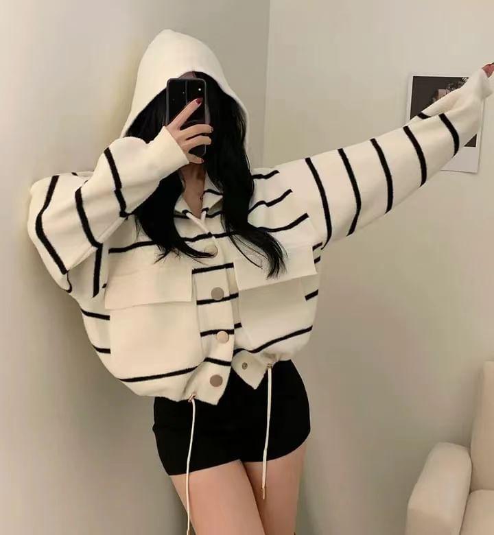 Striped Hood Cardigan Product Image