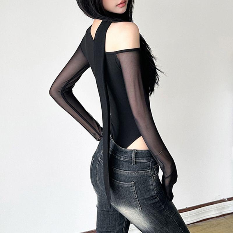 Long Sleeve Cold-Shoulder Scarf-Collar Plain Mesh Panel Bodysuit Top Product Image