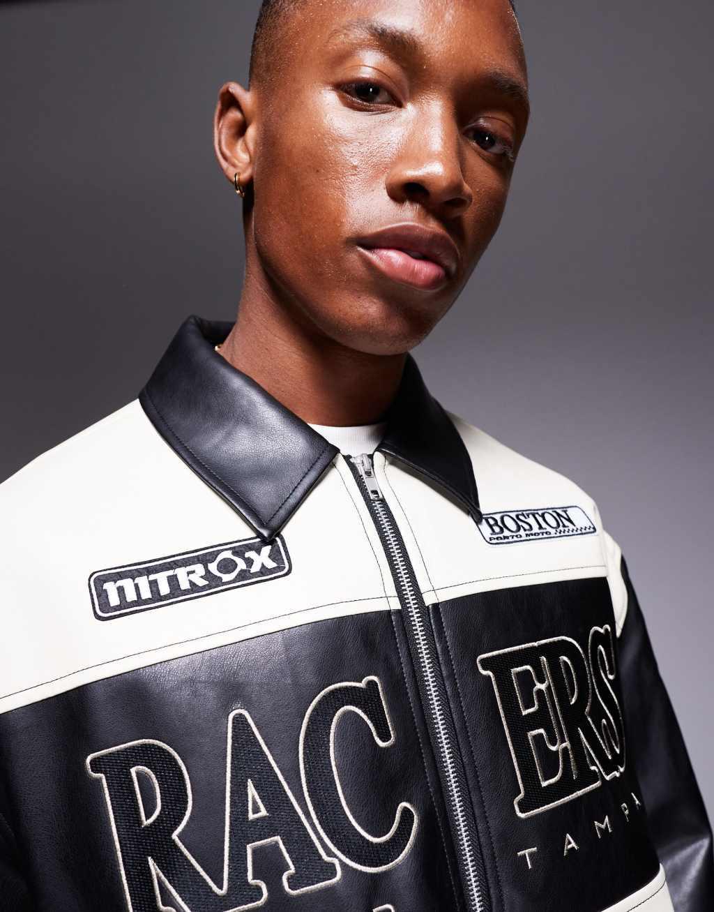 ASOS DESIGN oversized faux leather motocross jacket in monochrome Product Image