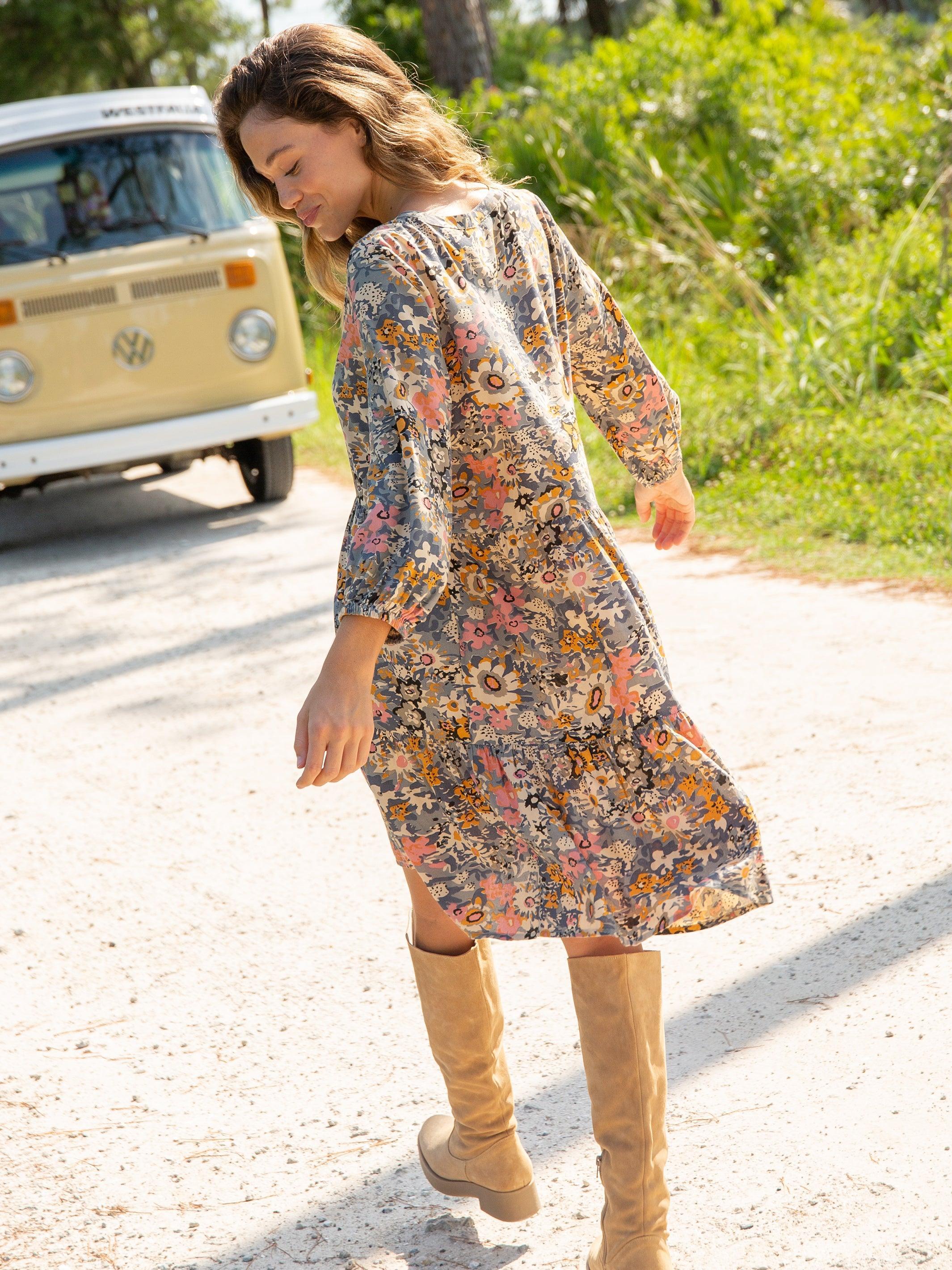 Anita Tunic Dress - Tan Orange Floral Product Image