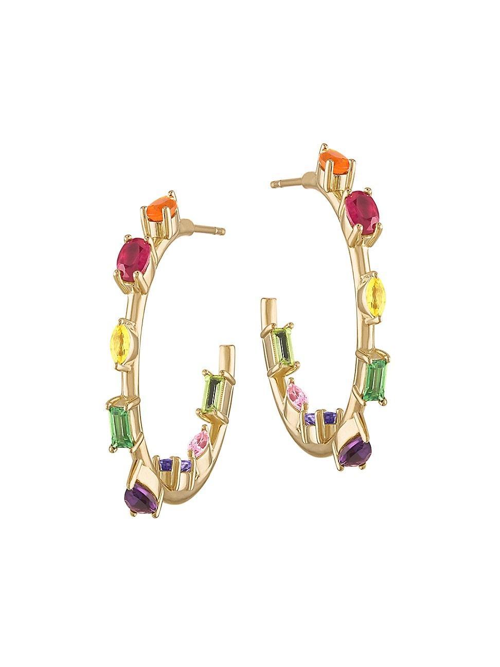 Womens Rock Goddess 14K Yellow Gold & Rainbow Sapphire Mini Hoop Earrings Product Image