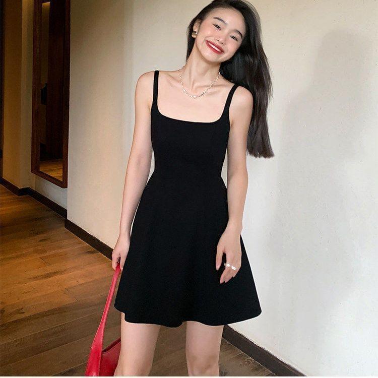 Spaghetti Strap Square Neck Plain Mini A-Line Dress Product Image