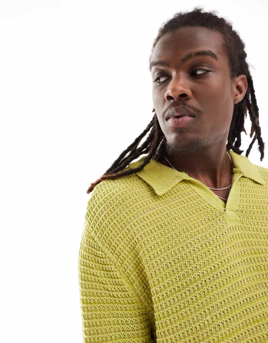 Reclaimed Vintage boxy cropped crochet polo shirt in green Product Image