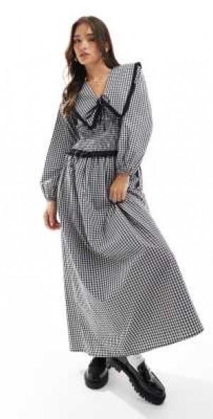 ASOS DESIGN collar shirred waist maxi dress in mono gingham-Multi Product Image