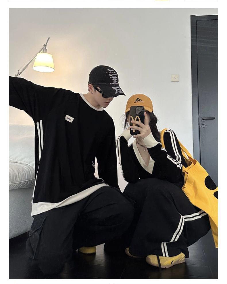 Couple Matching Crew Neck Striped Oversized Sweatshirt / Long-Sleeve V-Neck Maxi Sweatshirt Dress Product Image