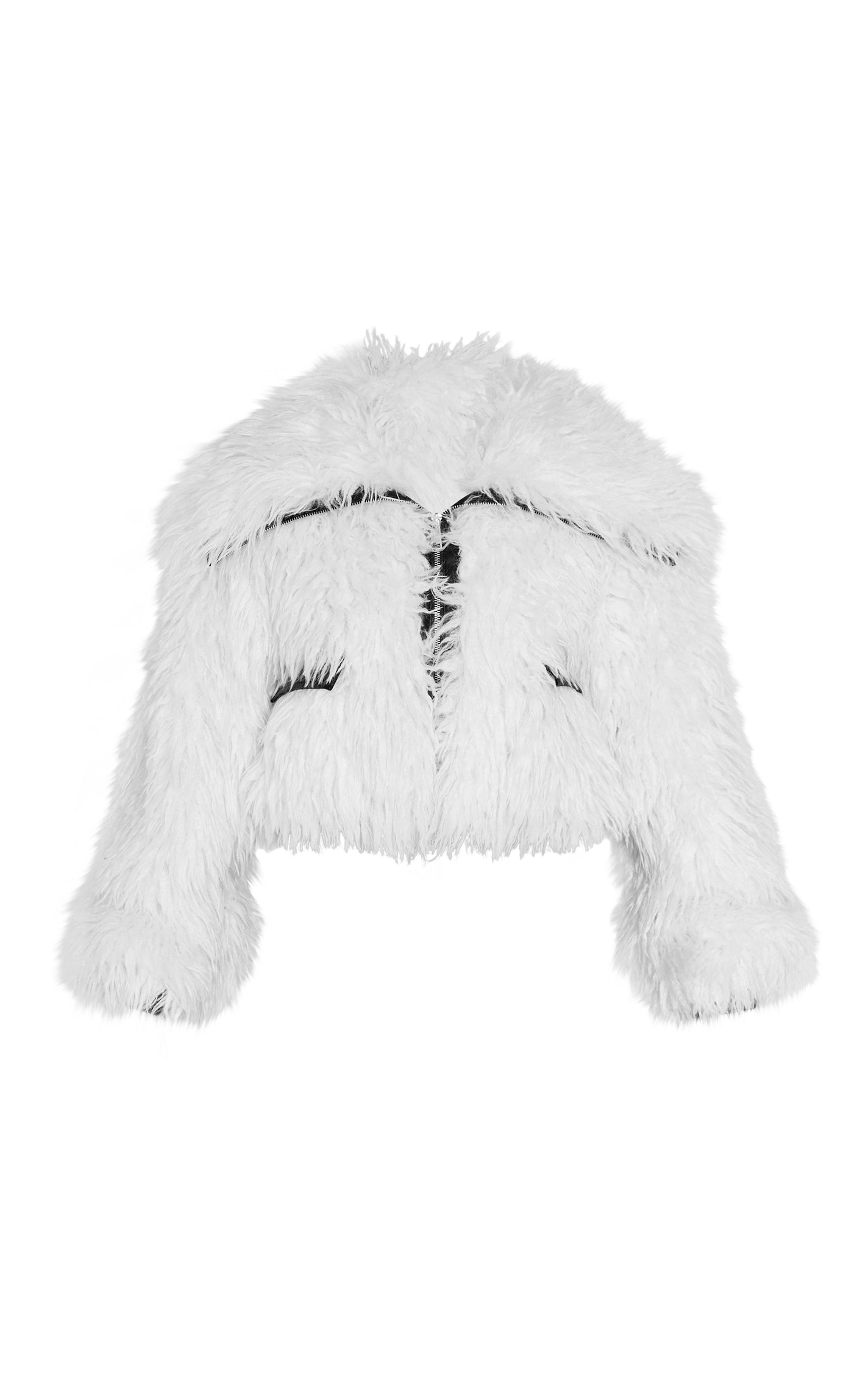 Cream Curly Faux Fur Contrast Pu Trim Zip Up Jacket Product Image