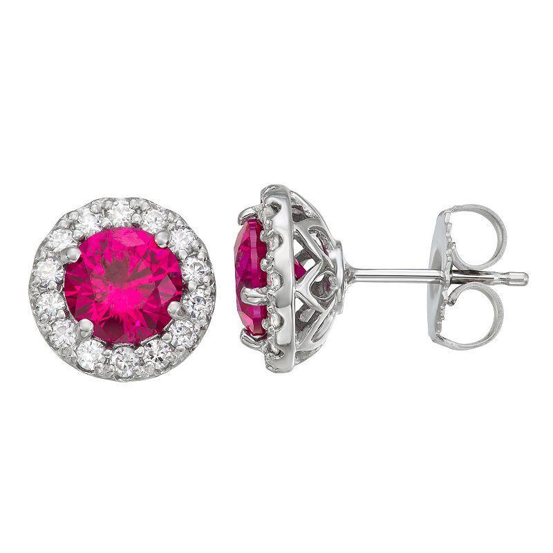 Charles & Colvard 14k White Gold Lab-Created Ruby & 2 5/8 Carat T.W. Lab-Created Moissanite Halo Stud Earrings, Womens Product Image