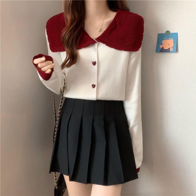 Two Tone Collared Button-Up Cardigan Product Image