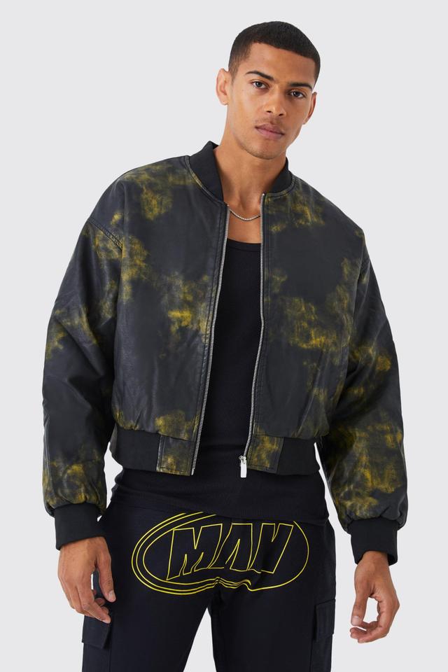 Boxy Washed Pu Padded Bomber | boohooMAN USA Product Image