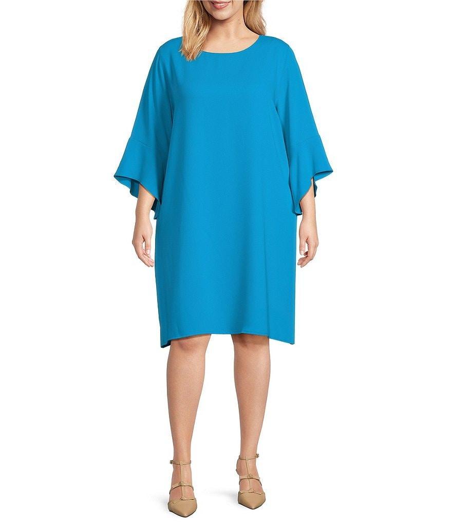 Caroline Rose Plus Size Julia Matte Crepe Round Neck 3/4 Ruffle Sleeve Shift Dress Product Image