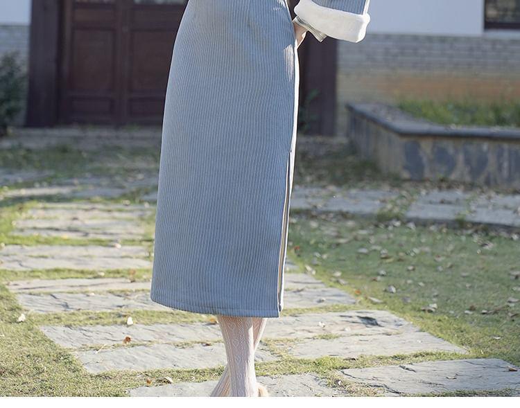 Long-Sleeve Stand Collar Corduroy Midi A-Line Dress Product Image