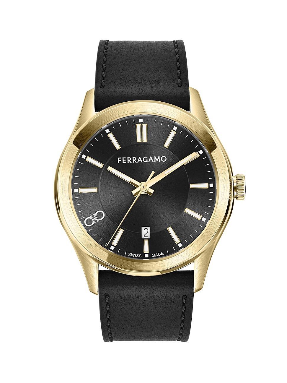 Salvatore Ferragamo Mens Swiss Classic Black Leather Strap Watch 42mm - Ip Yellow Gold Product Image