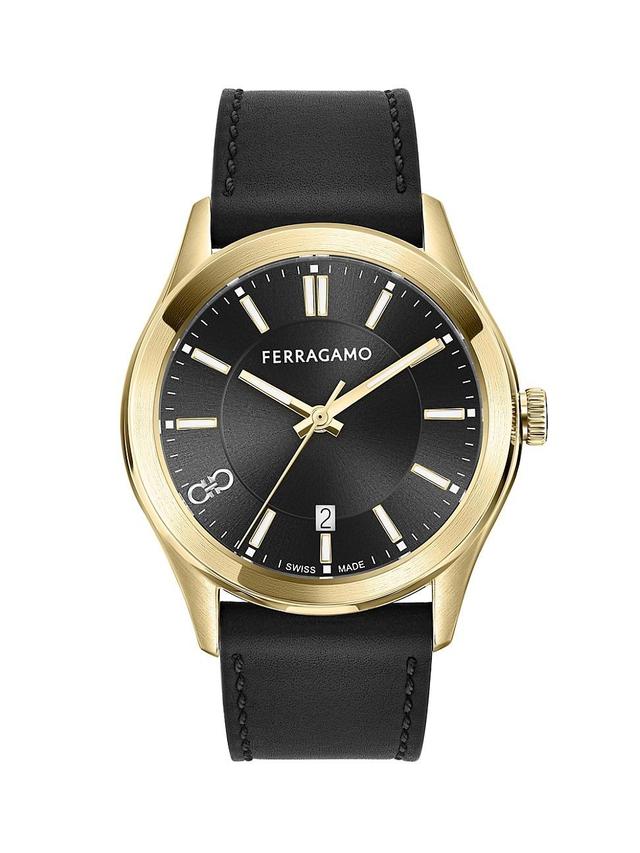 Salvatore Ferragamo Mens Swiss Classic Black Leather Strap Watch 42mm - Ip Yellow Gold Product Image