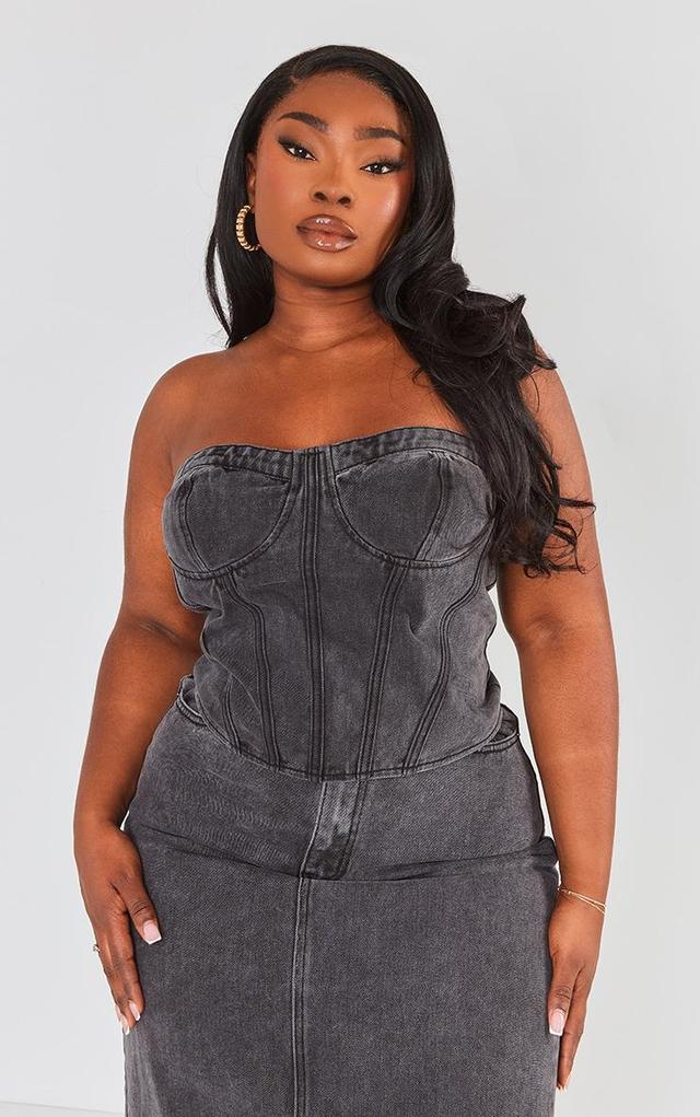 Plus Washed Black Seam Detail Denim Corset Product Image