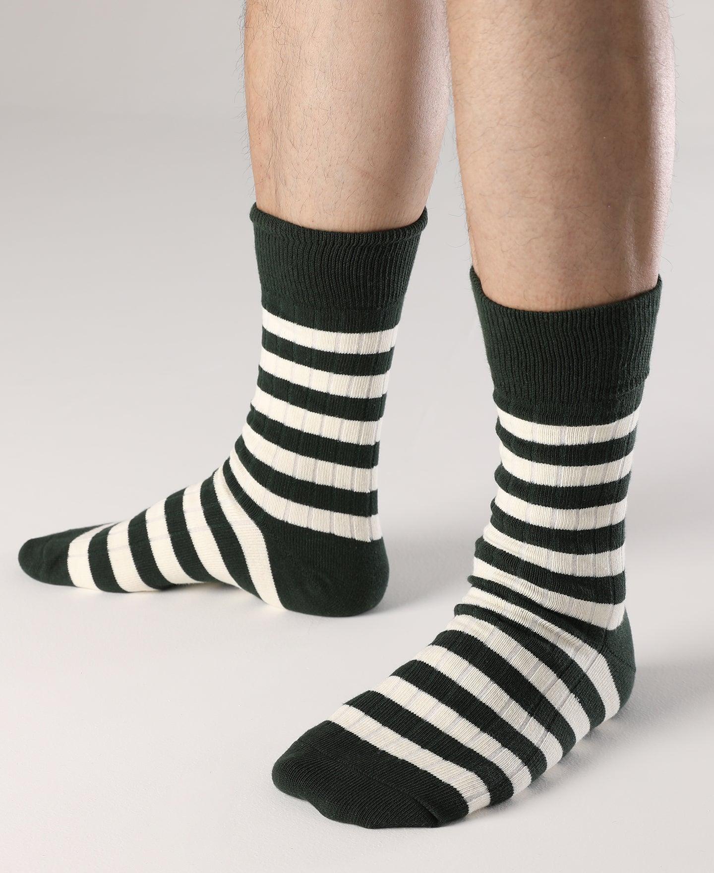 Retro Striped Cotton Socks - Green/White Product Image