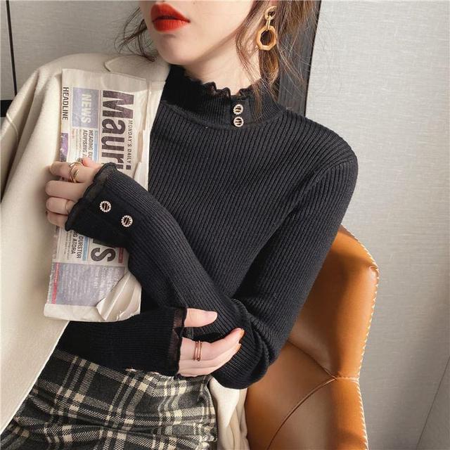 Long-Sleeve Mock Neck Frill Trim Plain Knit Top Product Image