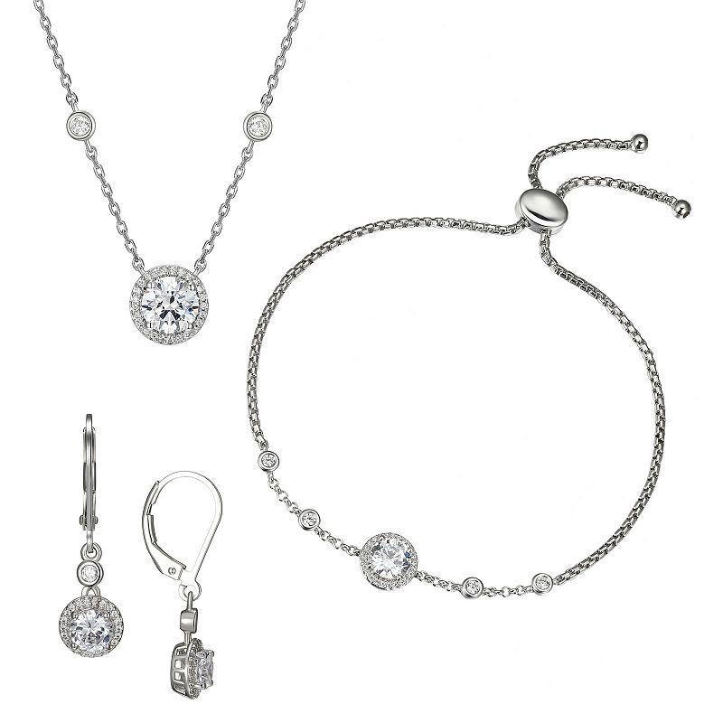 Sterling Silver Cubic Zirconia Halo Bracelet, Necklace & Earring Set, Womens Product Image