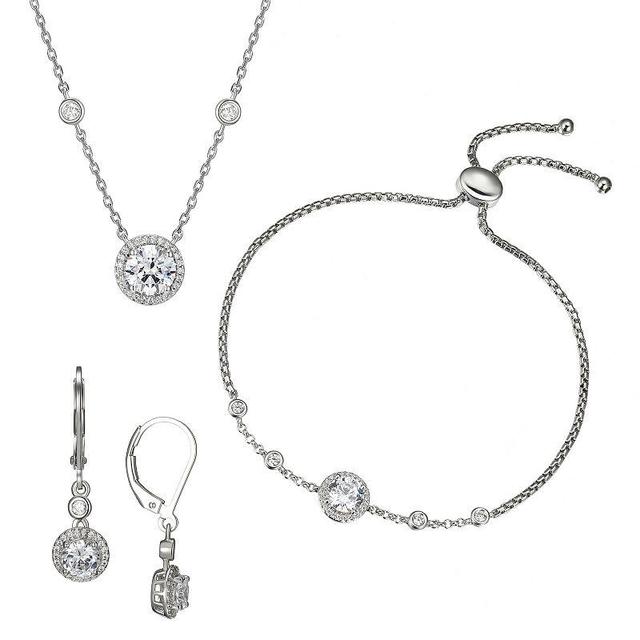 Sterling Silver Cubic Zirconia Halo Bracelet, Necklace & Earring Set, Womens White Product Image