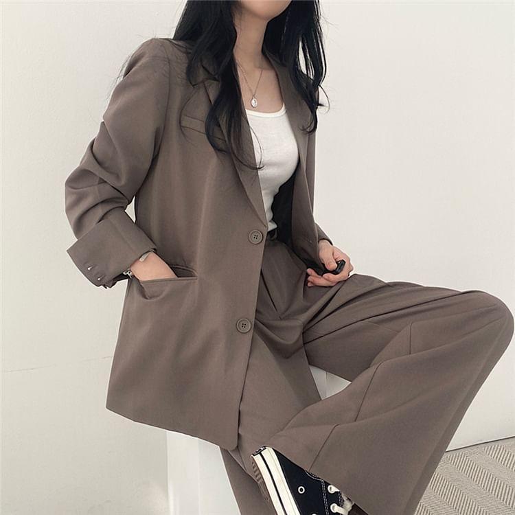 Lapel Collar Plain Single-Breasted Blazer / High Waist Wide Leg Dress Pants Product Image