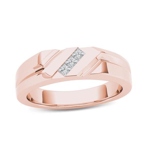 Men's 1/8 CT. T.w. Square-Cut Diamond Three Stone Slant Wedding Band in 14K Rose Gold Product Image