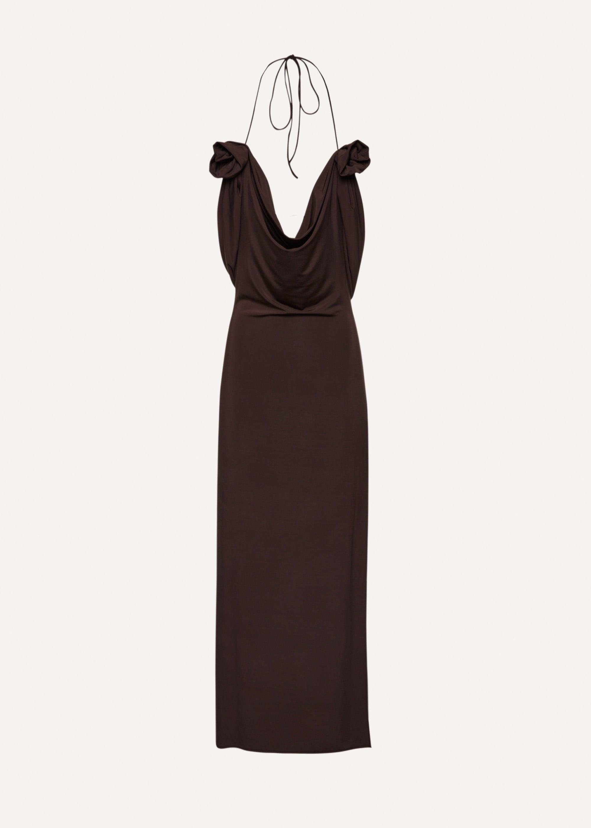 Draped cowl neck midi dress in brown Product Image